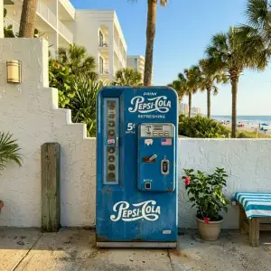 A broken vintage Pepsi vending machine being professionally repaired by our local Horry County technicians.